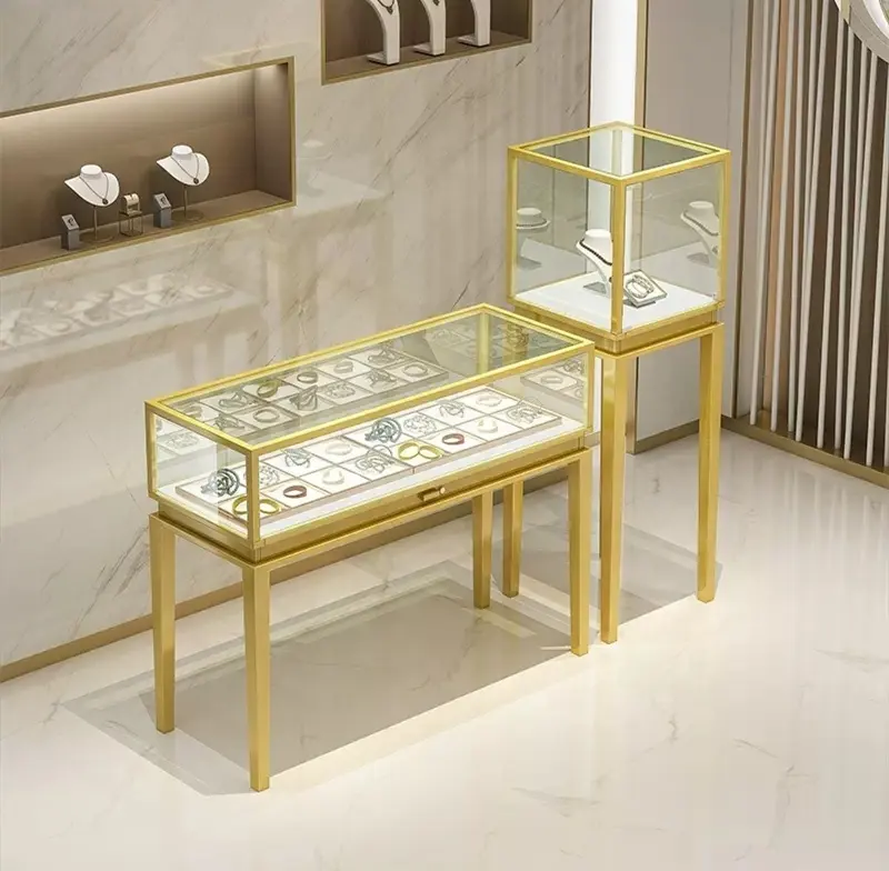 wholesale Luxury Showroom Counter Stainless Steel Store Furniture Glass Jewelry Display Showcase Jewelry Cabinets with Led light