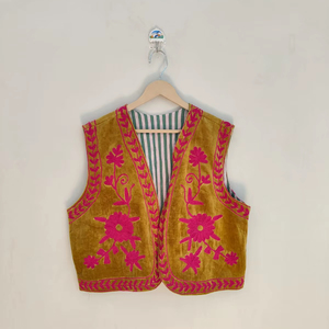 Chaqueta Bomber de Terciopelo Suzani Bordada a Mano, Reversible, Ecológica, Transpirable, de Manga Corta, Diseño Floral, para Invierno - Product Image 1