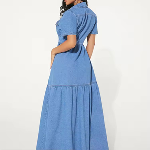 Maxi vestido informal personalizado de fábrica para <span class=keywords><strong>mujer</strong></span>, vaquero lavado, transpirable, línea A, manga corta, logotipo frontal con varios botones, moda sencilla - Product Image 2