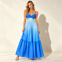 Robe longue maxi bleue ombrée pour femme, bretelles spaghetti, découpes, sans manches, à volants, élégante pour soirée, personnalisable OEM ODM