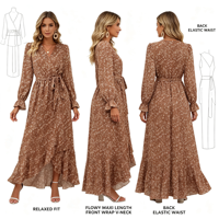 Robe mi-longue en mousseline à col en V et imprimé floral pour femme, avec manches longues évasées, taille à nouer, volants asymétriques et ourlet asymétrique pour soirée