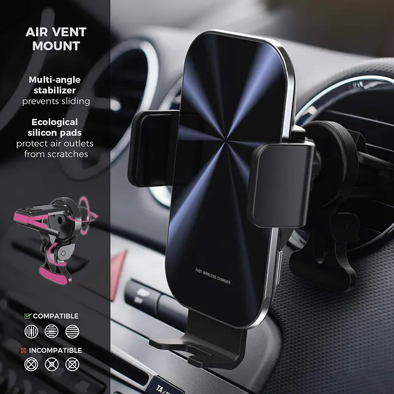 Bestseller 2021 Amazon 15w Qi Fast Charging Auto-clamping Air Vent Suction Cup Mount Wireless Car Charger
