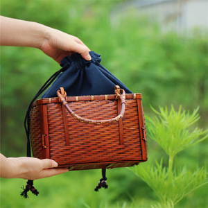 Bamboo Woven Handbag Square Retro Red Eco Friendly Women's Tea Ceremony Accessory - Product Image 4