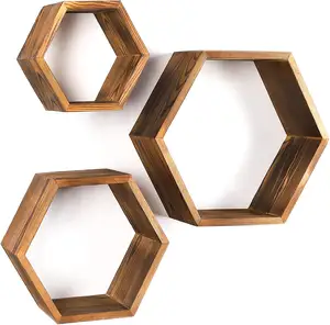 Hexagon Wall Decor Floating Shelves - 3-Pack Decorative Wall Shelf Set - Screws And Anchors Included - Pine Wood Geometric Shelv