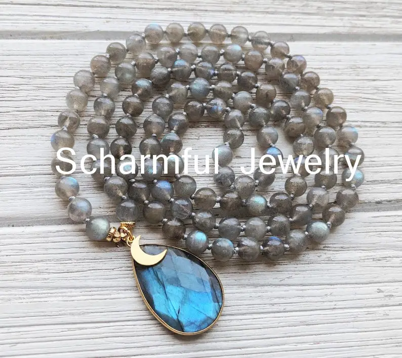 NS2019840 Kalung Manik-manik Mala Labradorite 108 Diikat Tangan dengan Setengah Kecil Jimat Bulan