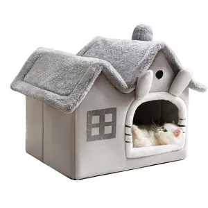 Kandang anjing hewan peliharaan, atap ganda dalam ruangan rumah kucing dapat dilipat hangat lembut 30D memori elastis tinggi spons rumah anjing besar luar ruangan
