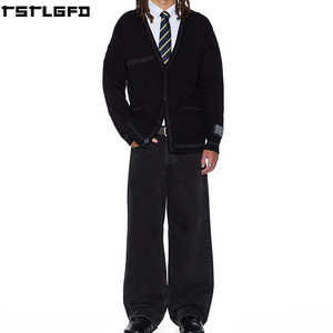 Cardigan en tricot coupé-cousu pour homme, noir, col en V, bordure côtelée contrastante, poche plaquée, style streetwear, pulls pour hommes, vente en gros pour fabricants - Product Image 1