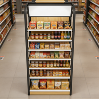 Étagère de présentation de détail moderne à 6 niveaux, simple face, avec boîte lumineuse LED, en métal et imitation bois, pour supermarché
