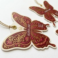 Étiquette promotionnelle personnalisée en papier écologique en forme de papillon, estampage à chaud, impression recto-verso, vernis UV pour les fêtes