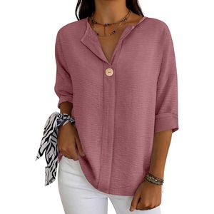 Women's 3 4 Sleeve V Neck Button Down <b>Blouse</b> Casual Work Top Poplin Shirt Fashion Clothes - Product Image 1