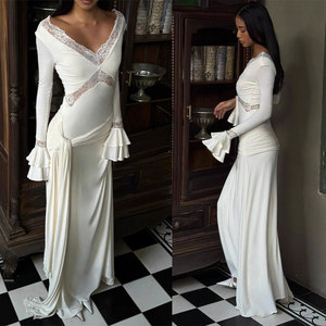 Vestidos de Mujer Personalizados, Vestido Blanco de Encaje para Mujer, Vestido Largo de Verano con Mangas Largas, Cuello en V, Ajustado, Espalda Descubierta, Vestido <span class=keywords><strong>Maxi</strong></span> para Fiesta - Product Image 4