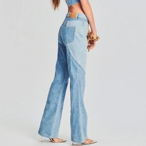 Vaqueros de mezclilla de dos tonos con parches y logotipo de cuero personalizado OEM de fábrica para mujer - Product Image 3