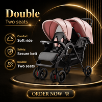 Poussette double pour deux enfants, six roues, sièges avant/arrière, pliable, design léger, inclinaison totale, acier haute teneur en carbone
