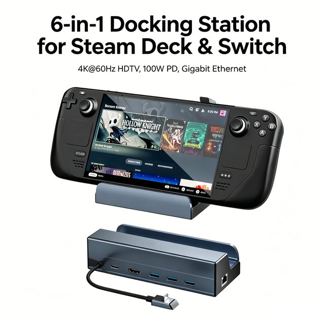 Aluminum Alloy 6-in-1 Wired Type-C Hub Docking Station for Steam Deck/ 4K HDTV 100W PD 3 USB 3.0 Gigabit Ethernet