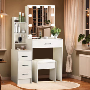 Table de toilette en bois pour chambre à coucher avec miroir, MDF, avec lumière - Grande table de toilette, bureau - Product Image 3