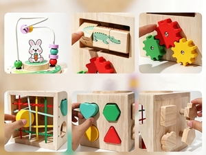 Jouets en blocs pour tout-petits, cadeaux d'anniversaire parfaits, jouets Montessori 6 en 1, cube d'activités en bois avec labyrinthe de perles, trieur de formes, engrenages - Product Image 3