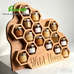 Natural Rustic Engraved Multi - Compartment Wooden Honeycomb - shaped Honey Jam Jar <b>Display</b> <b>Rack</b>, Retail Store Honey Organizer - Product Image 4