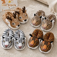 Chaussons d'intérieur personnalisés en peluche amusants et mignons en forme d'animaux (tigre, cerf, léopard) pour femmes, vente en gros, doux, confortables et chauds pour l'automne et l'hiver