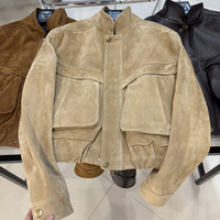 Veste bomber en cuir véritable texturé noir pour femme, col montant surdimensionné, en peau de mouton véritable, automne