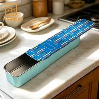 Práctica Caja Rectangular Larga de Metal con Tapa Deslizante Impresa para Guardar Cubiertos, Palillos, Tenedores, Cucharas y Vajilla