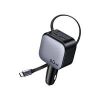 Charger Mobil 60W 2C1A dengan Kabel Retraktil 3-Port Pengisi Daya Cepat PD USB-C USB-A Adaptor Pemantik Rokok untuk Ponsel