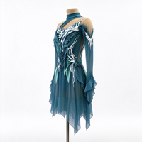 Robe de patinage artistique vert turquoise pour enfants et adultes, à épaules dénudées, manches longues en maille, dos orné de feuilles en strass, pour compétition et spectacle de patinage sur glace