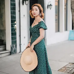 women floral print green v-neckline Reformation Super cute dress hidden back zipper closure A-line short sleeves banquet party