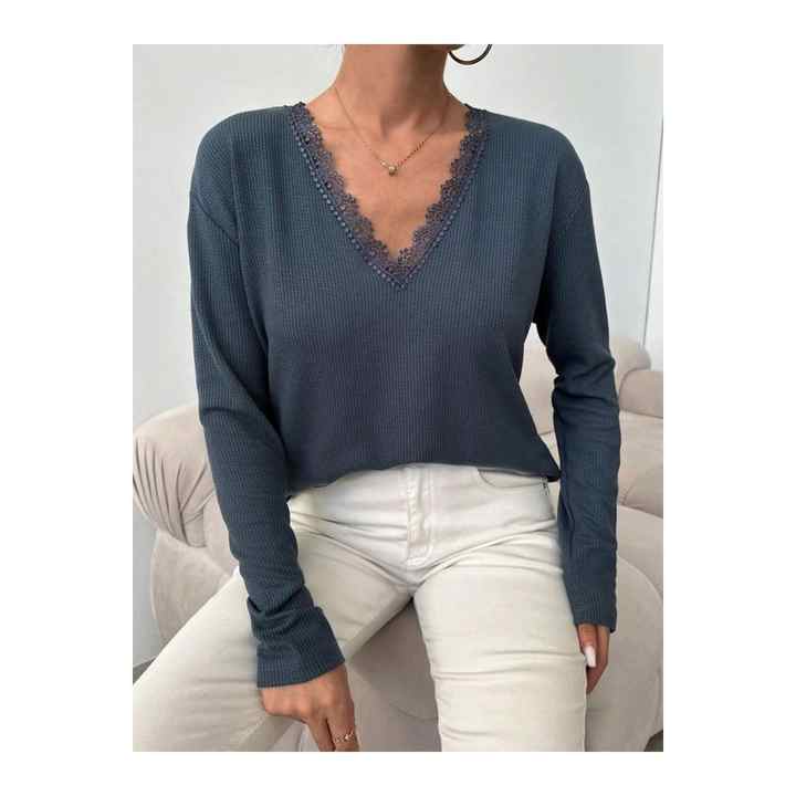 Women's Long Sleeve Lace V-Neck Ruffle Fabric Blouse