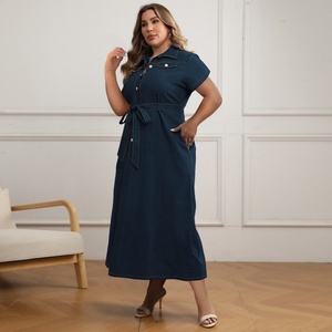 Robes en jean grande taille pour femmes 2025 – Robes décontractées à manches courtes et col rabattu, robes longues maxi en jean avec ceinture - Product Image 2