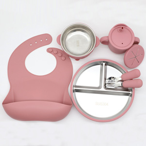 Ensemble de vaisselle sept pièces en acier inoxydable pour bébé, style rétro, minimaliste, luxe léger, avec ventouse amovible, pour repas - Product Image 1