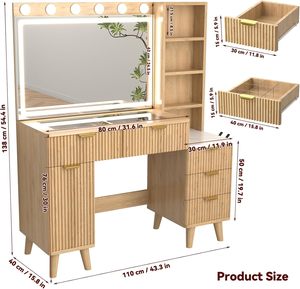 Table de toilette en bois de couleur bois naturel de style moderne, encastrée dans la chambre, avec plateau en verre - Product Image 5