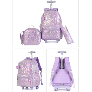 Ensemble de sacs à dos scolaires à roulettes unisexes tendance |   Sac à déjeuner et trousse à crayons avec fermeture éclair, design étoile holographique brillant - Product Image 5