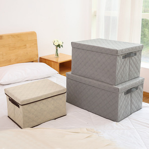 Clothing Organizer Box Non-Woven Fabric Diamond Pattern Rectangle <b>Storage</b> Box With Lid For Bedroom Office Use - Product Image 1