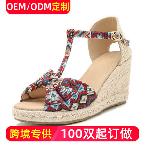 Sandales compensées pour femme à bout ouvert, tige en paille, fermeture à boucle, respirantes, style été, semelle épaisse, talon espadrille - Product Image 5
