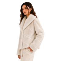 Manteau court en fausse fourrure de vison ivoire pour femme, col large, motif chevron en V, veste d'hiver en fausse fourrure pelucheuse, supporte la vente en gros en petites séries