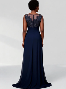 <span class=keywords><strong>Abiti</strong></span> da Cerimonia Blu Navy con Paillettes in Chiffon per Madre <span class=keywords><strong>della</strong></span> <span class=keywords><strong>Sposa</strong></span>, Linea A, <span class=keywords><strong>Taglie</strong></span> Forti, Senza Maniche, Lunghezza a Terra - Product Image 6