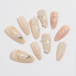 <span class=keywords><strong>Faux</strong></span> ongles papillon nude beige en ABS, peints à la main, motif floral, élégants pour le nail art - Product Image 1