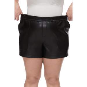 Fahsyee Plus Size Noir Polyester Shorts Faux Élastique Taille Haute PU Pleather Casual Shorts avec Poches Tailles 0X-4X - Product Image 5