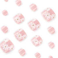 Lot de 24 faux ongles minimalistes blancs en ABS, motif floral, forme cercueil pré-dessinée, à coller, motif carré pour doigts, vente en gros