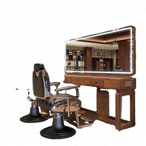 Station de coiffure en bois Suessen avec miroir double face et siège pour salon de beauté - Product Image 1