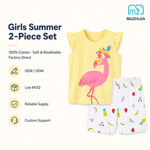 Ensemble 2 pièces personnalisé pour filles, débardeur et short, 100 % coton, imprimé flamant rose et fruits, tenue de plage, vente en gros, OEM, faible MOQ, boutique - Product Image 1