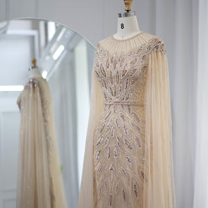 Luxe arabe bleu sirène robe de soirée avec Cape manches sauge vert or dubaï femmes robes de soirée de mariage SZ009 - Product Image 2