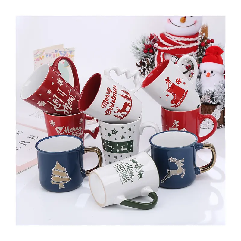 Creative Cute Cartoon Snowman Santa Claus Ceramic Cups  Best Christmas gifts mugs in color glaze and metal handle support OEM