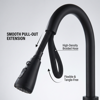 Robinet de cuisine noir mat extractible, monocommande, monotrou, pivotant à 360°, à bec haut, mélangeur de cuisine professionnel, double jet, sans plomb