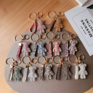 Hot Sell High Quality Crystal Rhinestone Teddy Bear Keychain Leather Metal Sparkle Animal Bear Key Chains Bling Bling Bag Charm