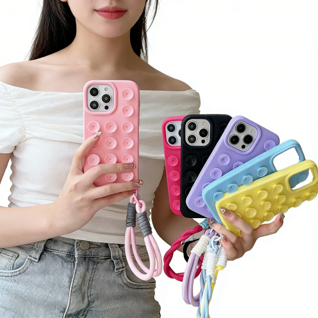 3D Silicone Macaron Color TPU Shockproof Phone Case Sturdy Hand Rope Suction Cup Design for iPhone 16 15 Pro Mobile Phone Cases