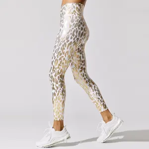 Celana Yoga Elastis Pinggang Tinggi Macan Tutul Metalik, Celana Olahraga Kualitas Tinggi