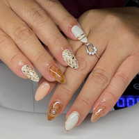 LUMEILA Wijnrood Crème Geel Verloop Handgetekende Bloemmotief Amandel Acryl Volledige Dekking Persnagels Lijm Nude Kunstnagels