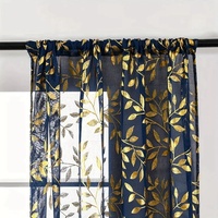 Rideaux transparents en polyester prêts à l'emploi en gros d'usine avec motif de feuilles de couleur dorée