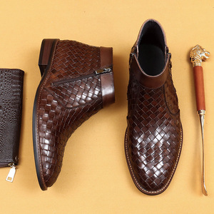 Botas de Tobillo de Cuero Genuino para Hombre, Punta Puntiaguda, Patrón Geométrico, Cierre de Cremallera, Estilo Martin, Suela de Goma Transpirable, Estilo Otoñal - Product Image 3
